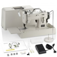 Comes with carrying handle, extra bobbins, foot control, manual, needles, oiler, and thread stand