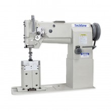 This is a specialized industrial machine designed for sewing two parallel rows of stitches simultaneously on three-dimensional items.